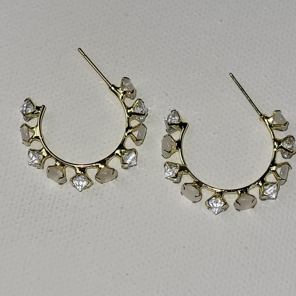 Hoop Earrings Gold Stone Cream Small Post Lightweight Simulated Diamond